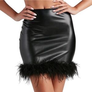 Black Faux Leather / Feather Trim mini Skirt
